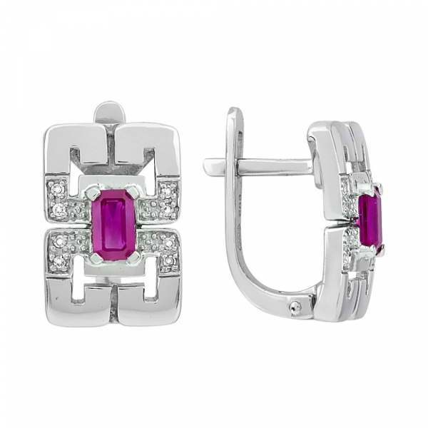 Золотые серьги с бриллиантом и рубином № 101975