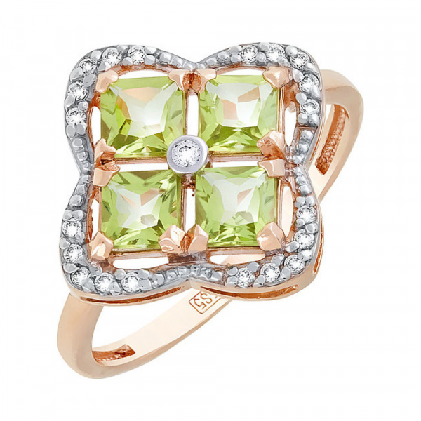 Золотое кольцо с хризолитом и фианитом № 118943