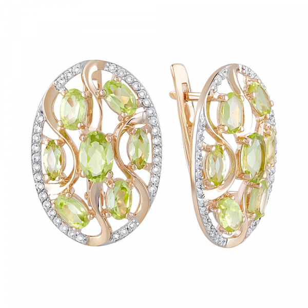 Золотые серьги с хризолитом и фианитом № 120465