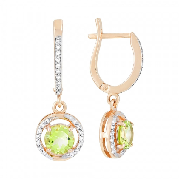 Золотые серьги с хризолитом и фианитом № 117921