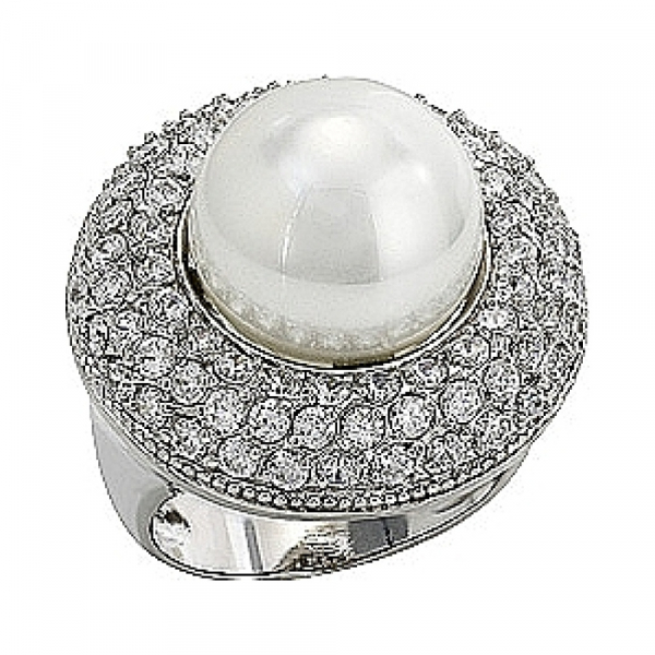 Серебряное кольцо с имитацией жемчуга и фианитом № 80911