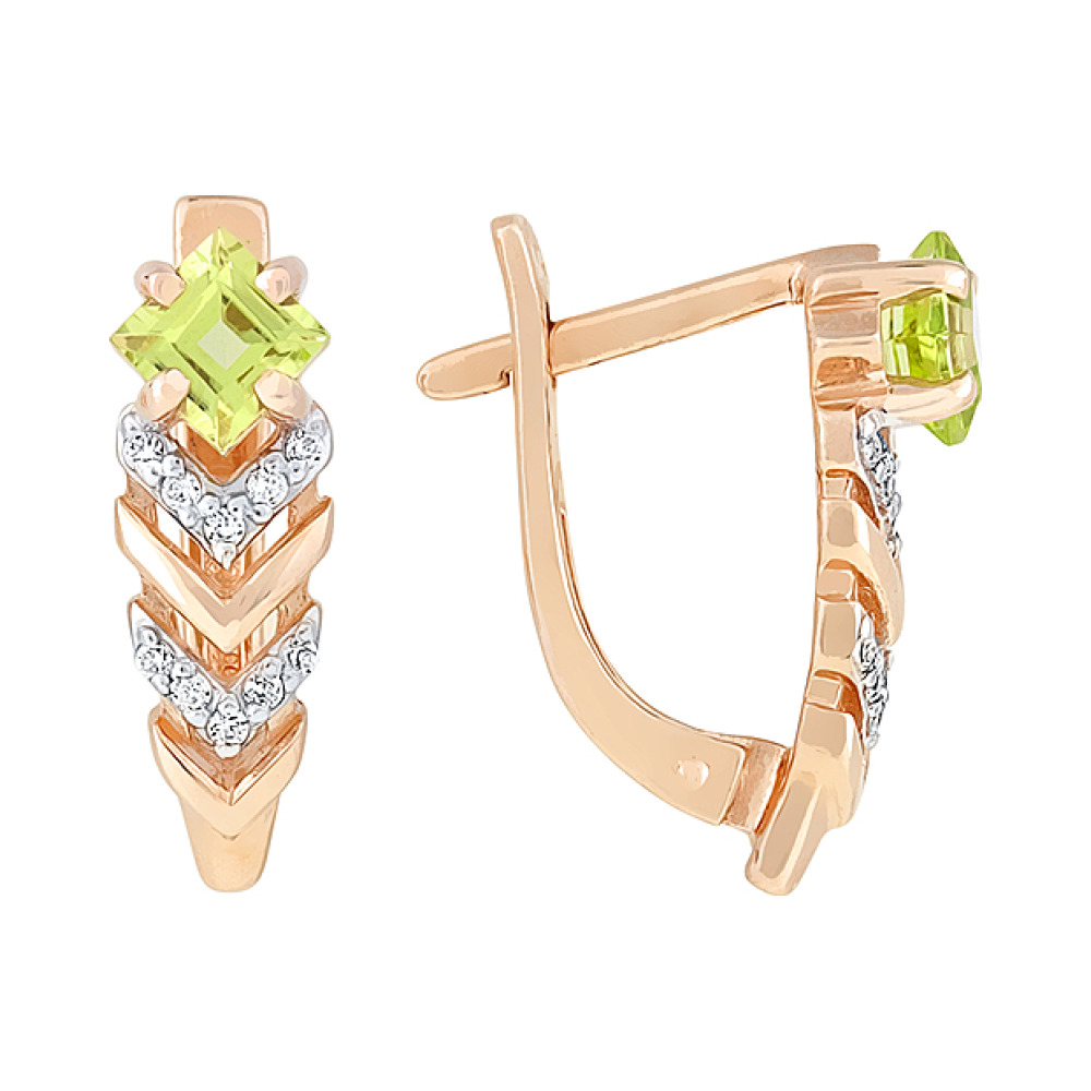 Золотые серьги с хризолитом и фианитом № 114391