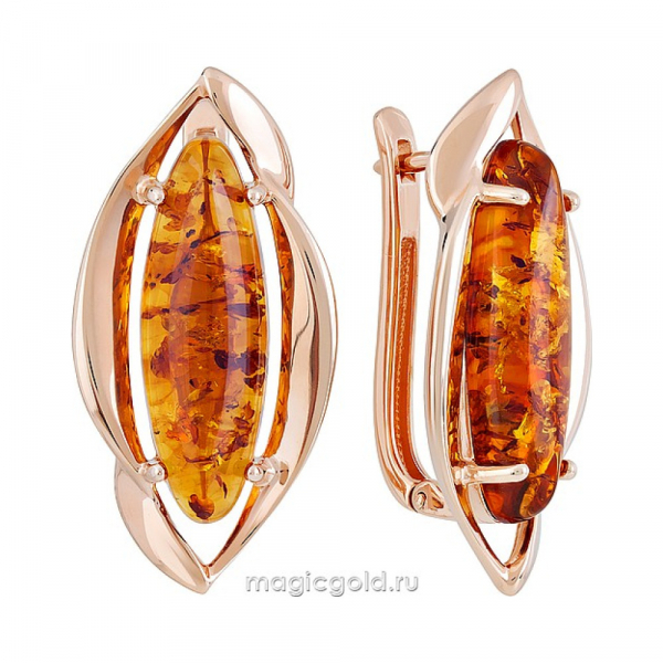 Серебряные серьги с янтарем и золотым покрытием № 142605