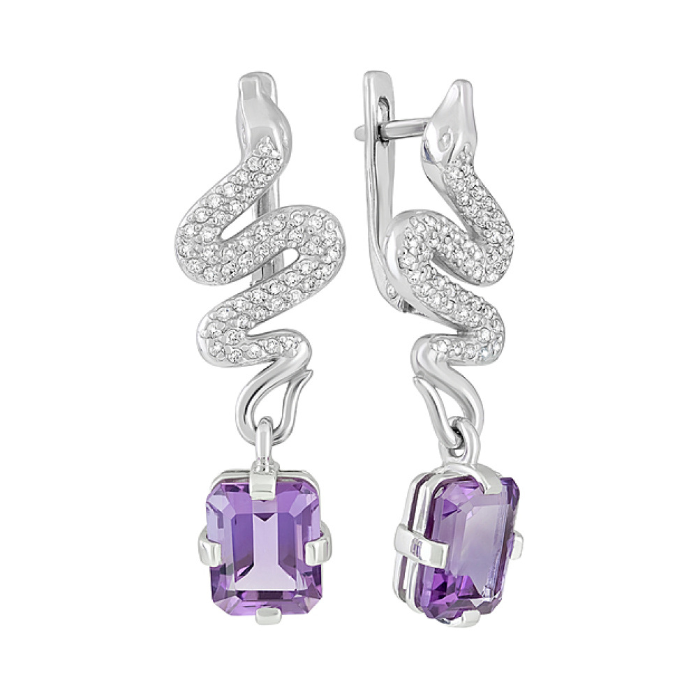 Серебряные серьги с аметистом и фианитом № 128137
