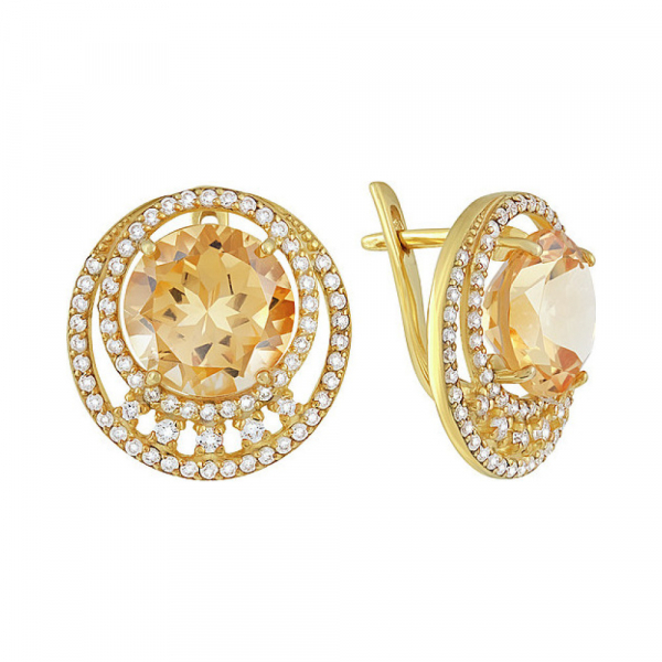 Серебряные серьги с цитрином,  фианитом и золотым покрытием № 134088