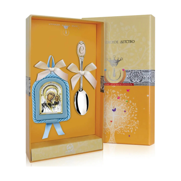 Набор детский Казанская Божья матерь: икона голубая, ложка с позолотой с С из серебра 925 пробы