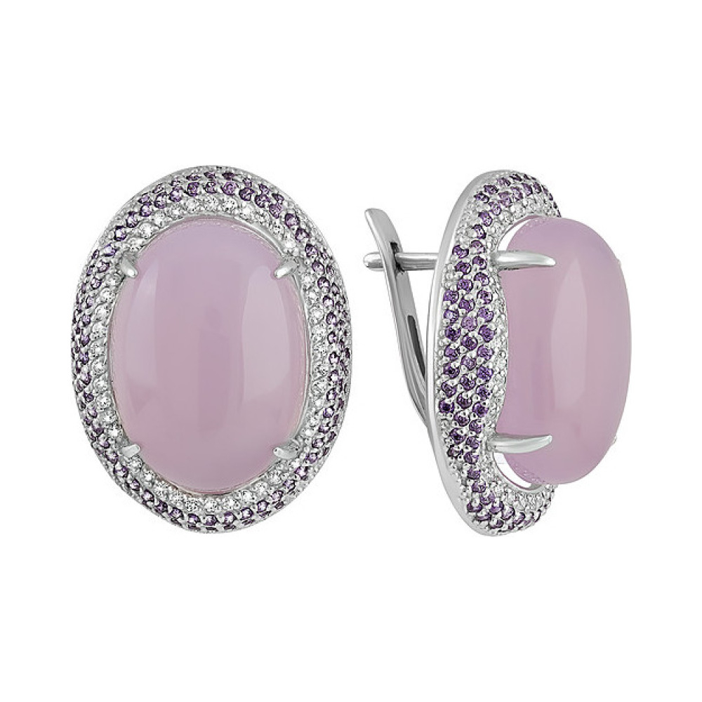 Серебряные серьги с розовым ониксом и фианитом № 128105