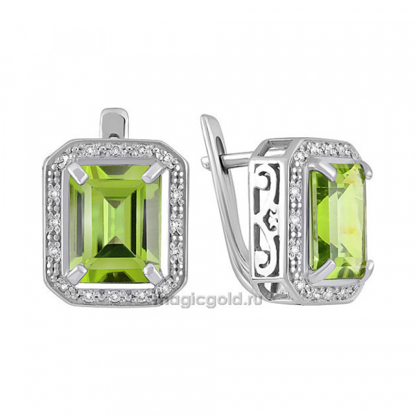 Серебряные серьги с хризолитом и фианитом № 132092