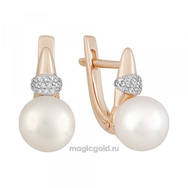 Золотые серьги с жемчугом и фианитом № 151368