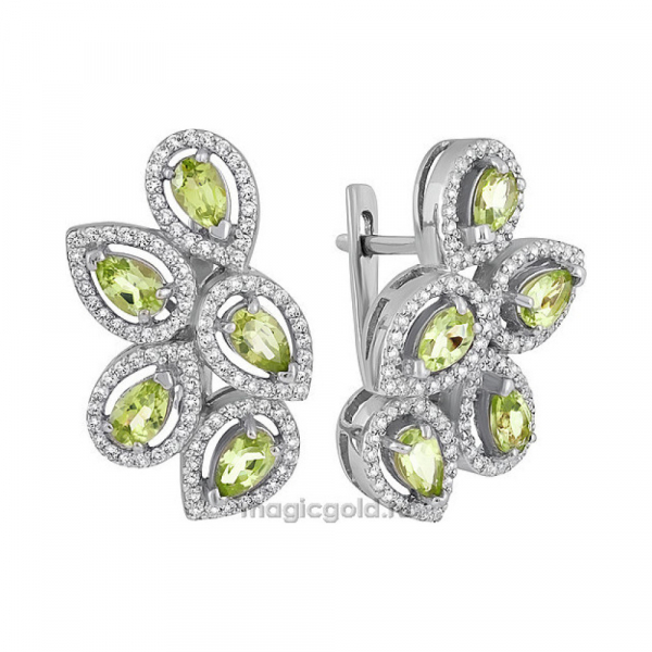 Серебряные серьги с хризолитом и фианитом № 134190