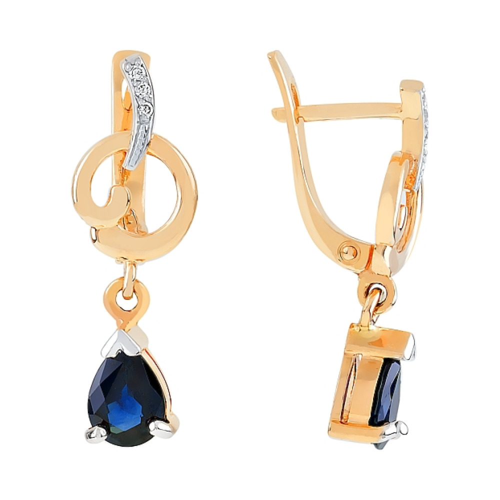 Золотые серьги с бриллиантом и сапфиром № 84891