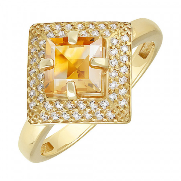 Серебряное кольцо с цитрином, фианитом и золотым покрытием № 133926