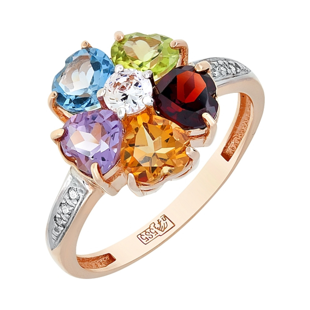 Золотое кольцо с полудрагоценными вставками и фианитом № 112619