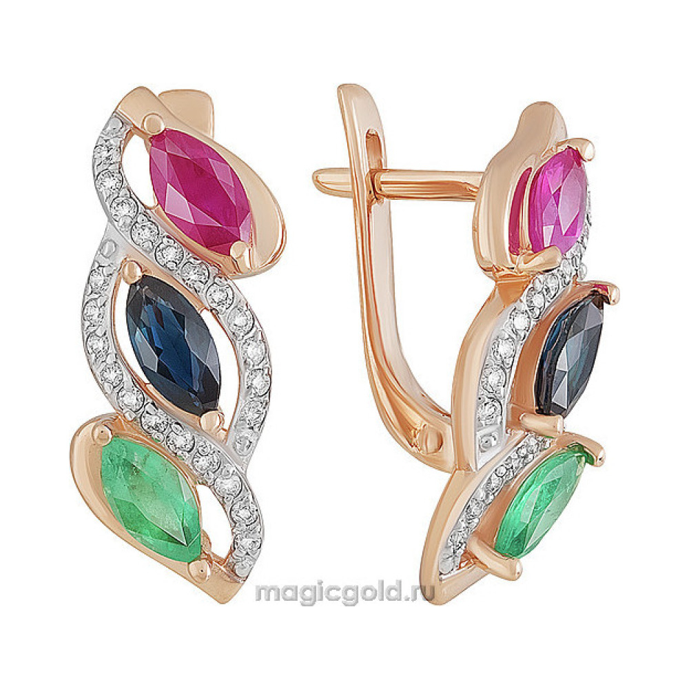 Золотые серьги с драгоценными вставками и бриллиантом № 156459