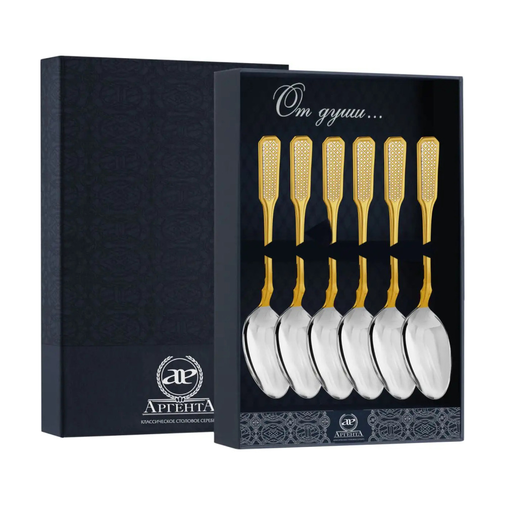 Набор чайной ложки Русская с позолотой и гравировкой Сетка из серебра 925 пробы