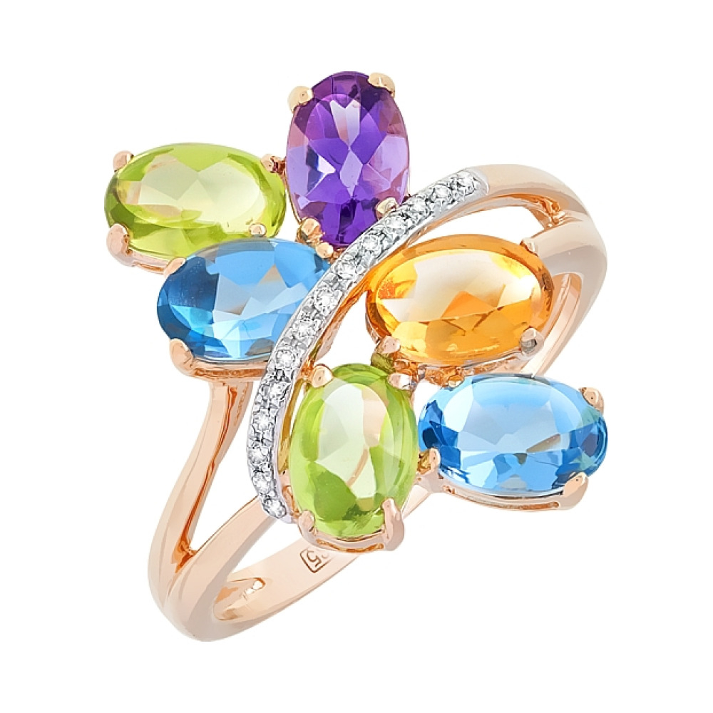 Кольцо с бриллиантом и полудрагоценными вставками № 113738