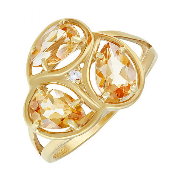 Серебряное кольцо с цитрином, фианитом и золотым покрытием № 133918