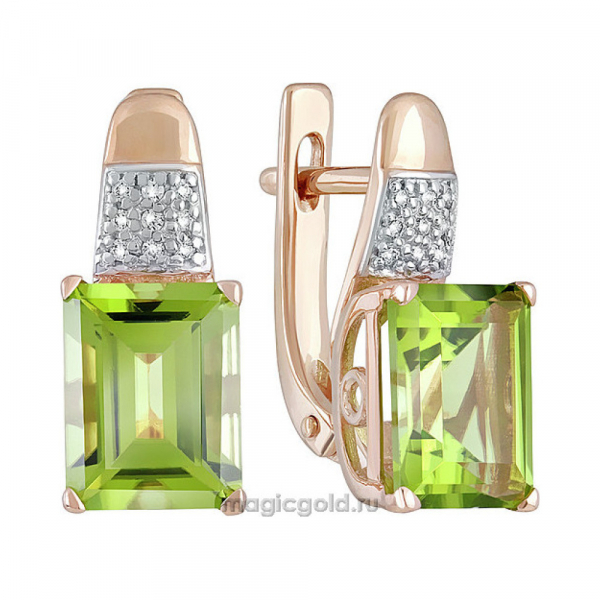 Золотые серьги с хризолитом и фианитом № 139093