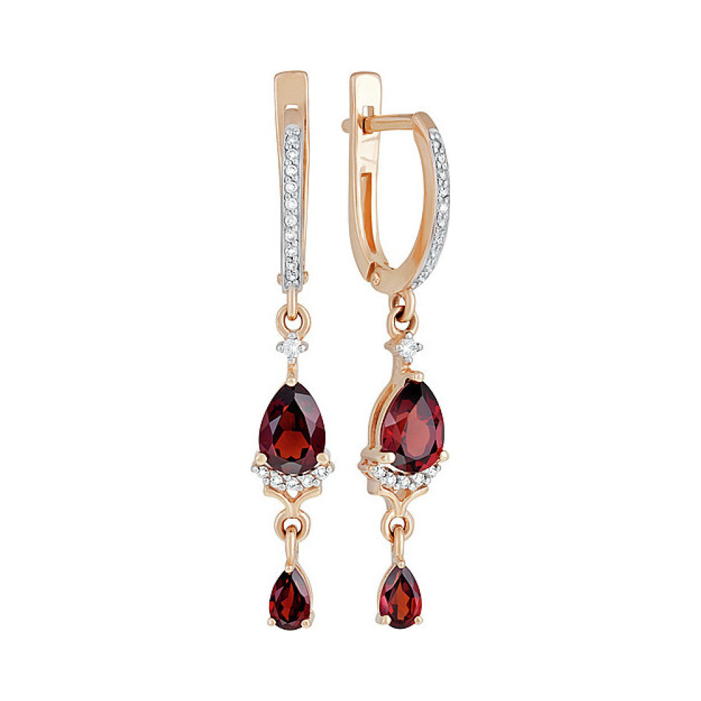 Золотые серьги с гранатом и фианитом № 132317