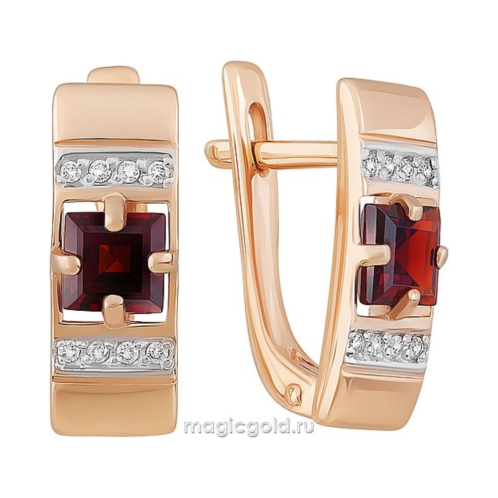 Золотые серьги с гранатом и фианитом № 163578