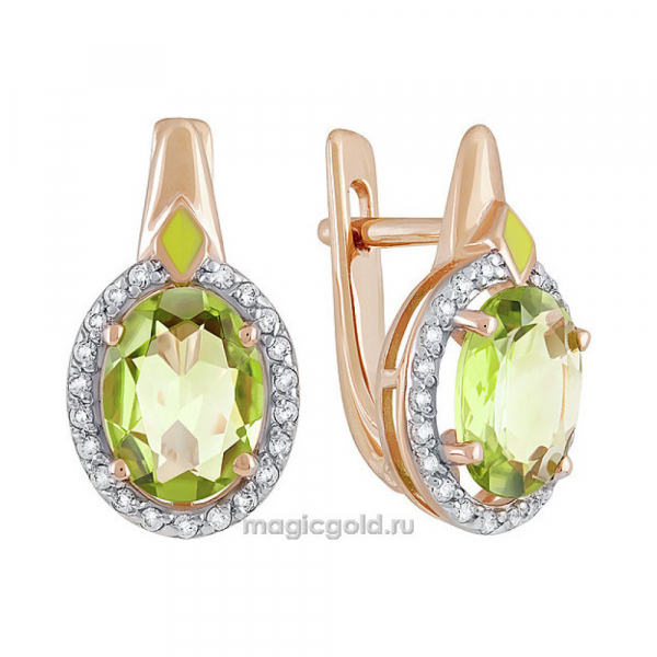 Золотые серьги с хризолитом и фианитом № 139473