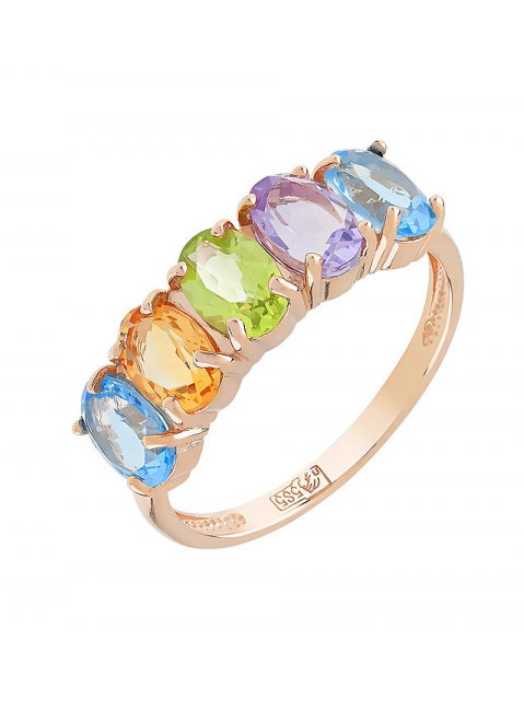 Золотое кольцо с аметистом, топазом, хризолитом и цитрином № 112249