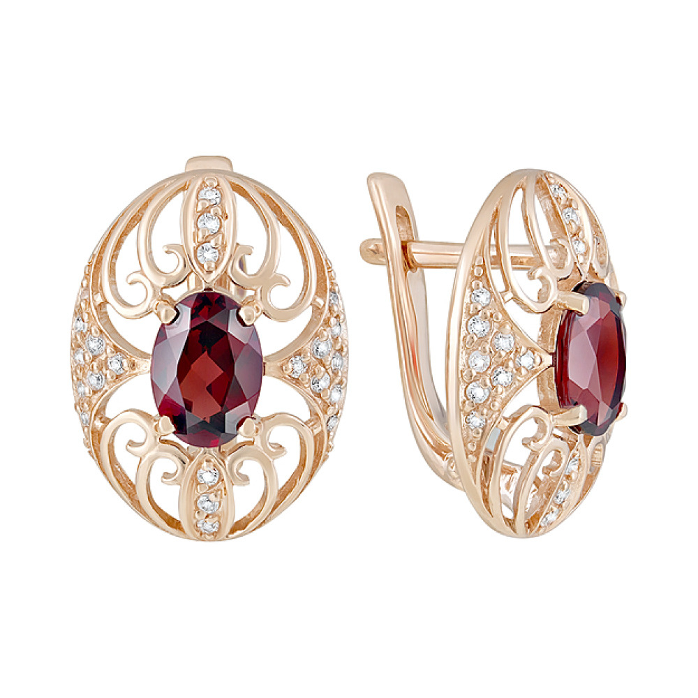 Золотые серьги с гранатом и фианитом № 126324
