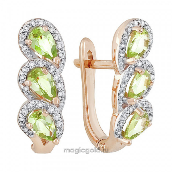 Золотые серьги с хризолитом и фианитом № 141395