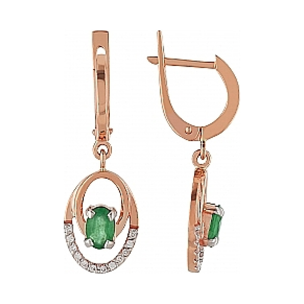 Золотые серьги с бриллиантом и изумрудом № 100565