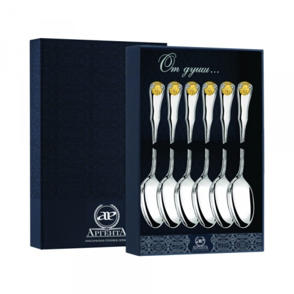 Набор 6 серебряных чайных ложек «Визит» с позолотой