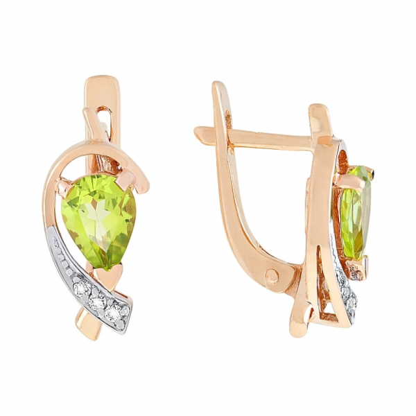 Золотые серьги с хризолитом и фианитом № 84606