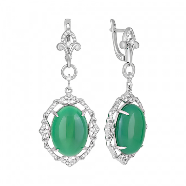 Серебряные серьги с зелёным ониксом и фианитом № 128108