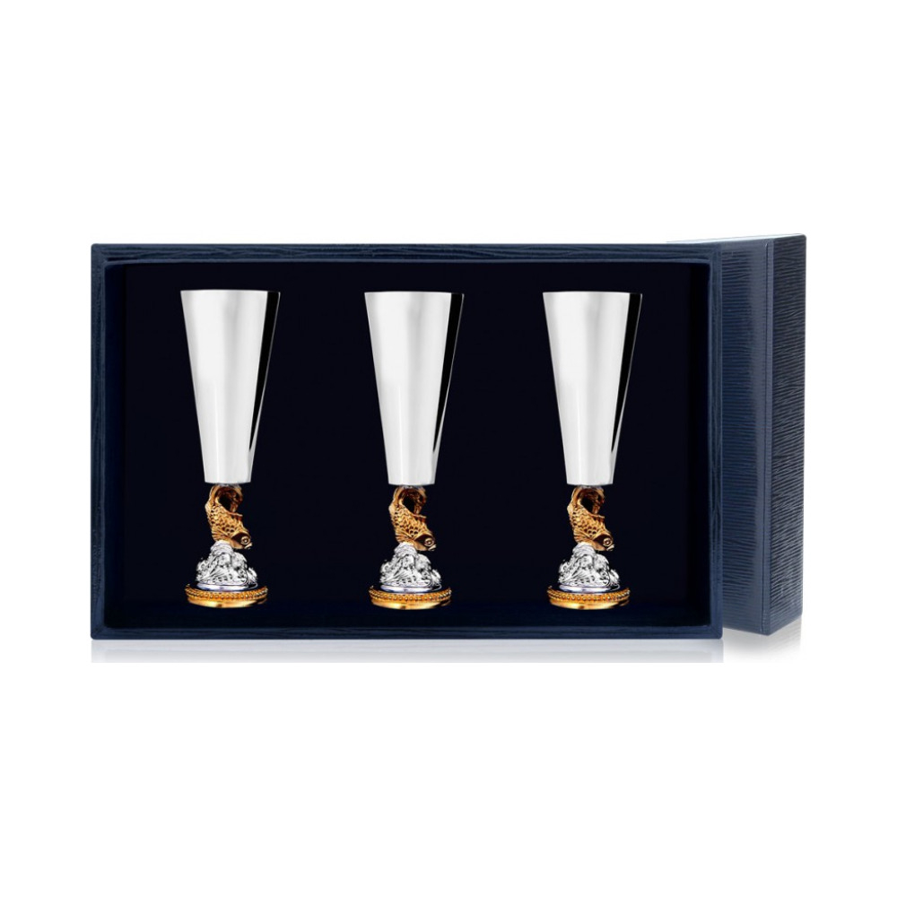 Набор серебряных рюмок «Золотая Рыбка» с позолотой из 3 предметов