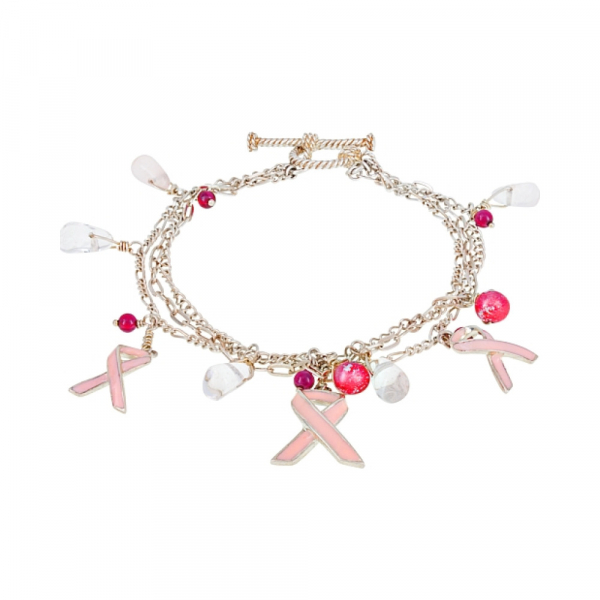 Серебряный браслет с розов. кварцем,турмал. и хрусталем № 65439