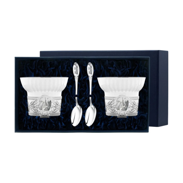 Набор чайная чашка Санкт-Петербург : 2 ложка, 2 чашки из серебра 925 пробы