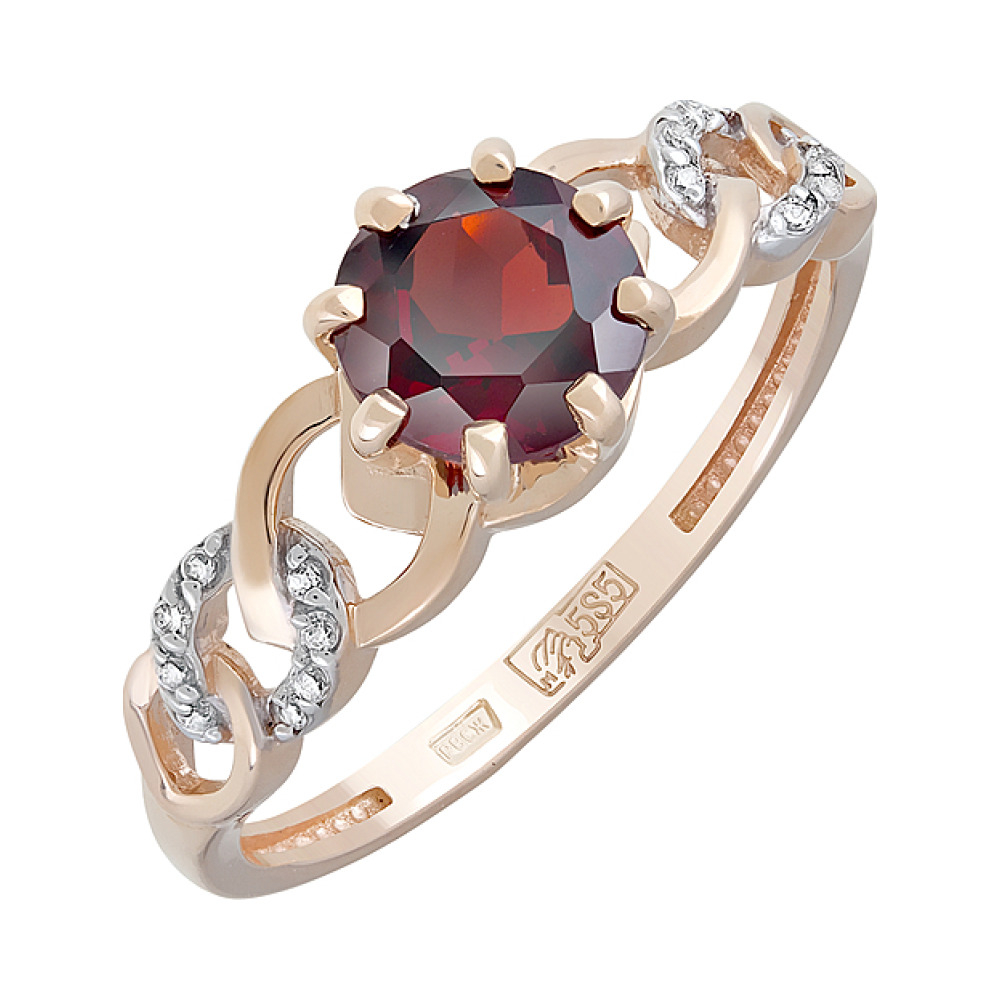 Золотое кольцо с гранатом и фианитом № 126545