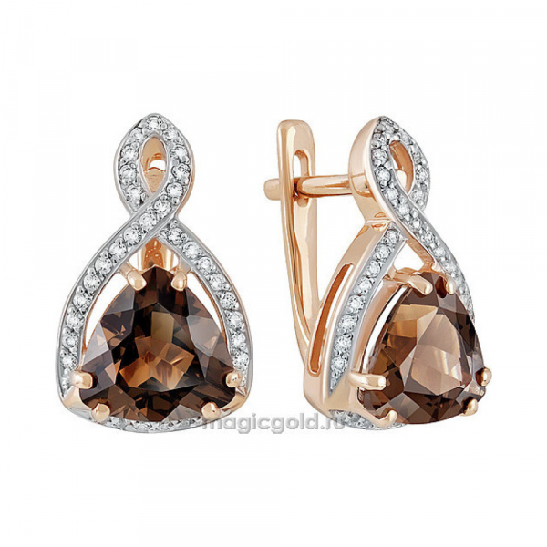 Золотые серьги с раухтопазом и фианитом № 139843