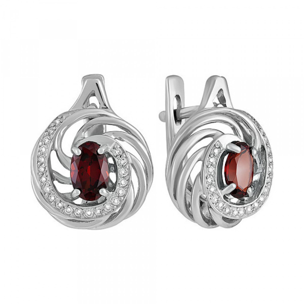 Серебряные серьги с гранатом и фианитом № 132785