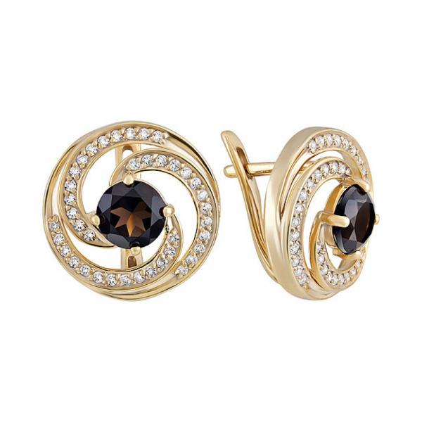 Серебряные серьги с раухтопазом, фианитом и золотым покрытием № 132629