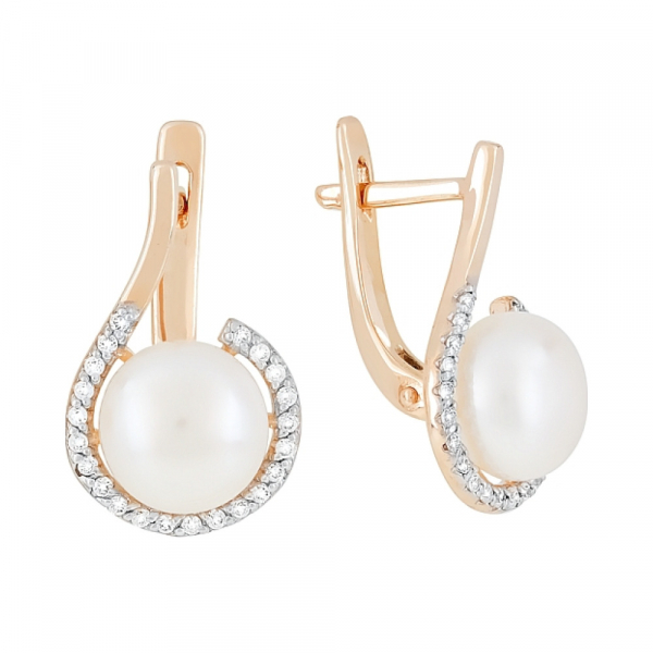 Золотые серьги с жемчугом и фианитом № 105702