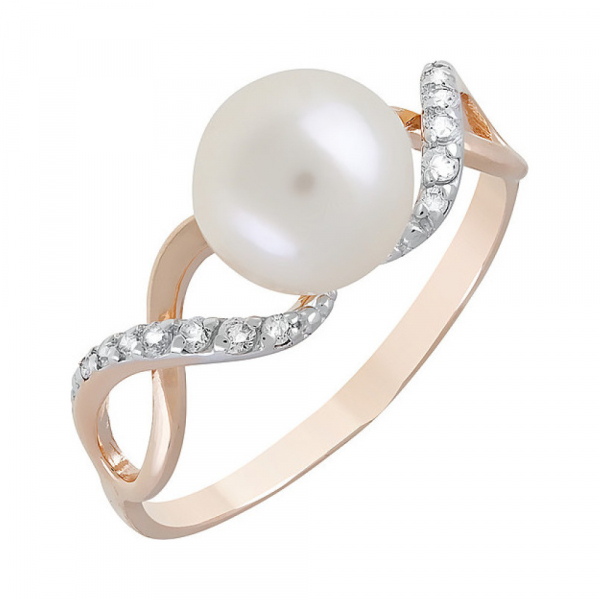 Золотое кольцо с жемчугом и фианитом № 122245