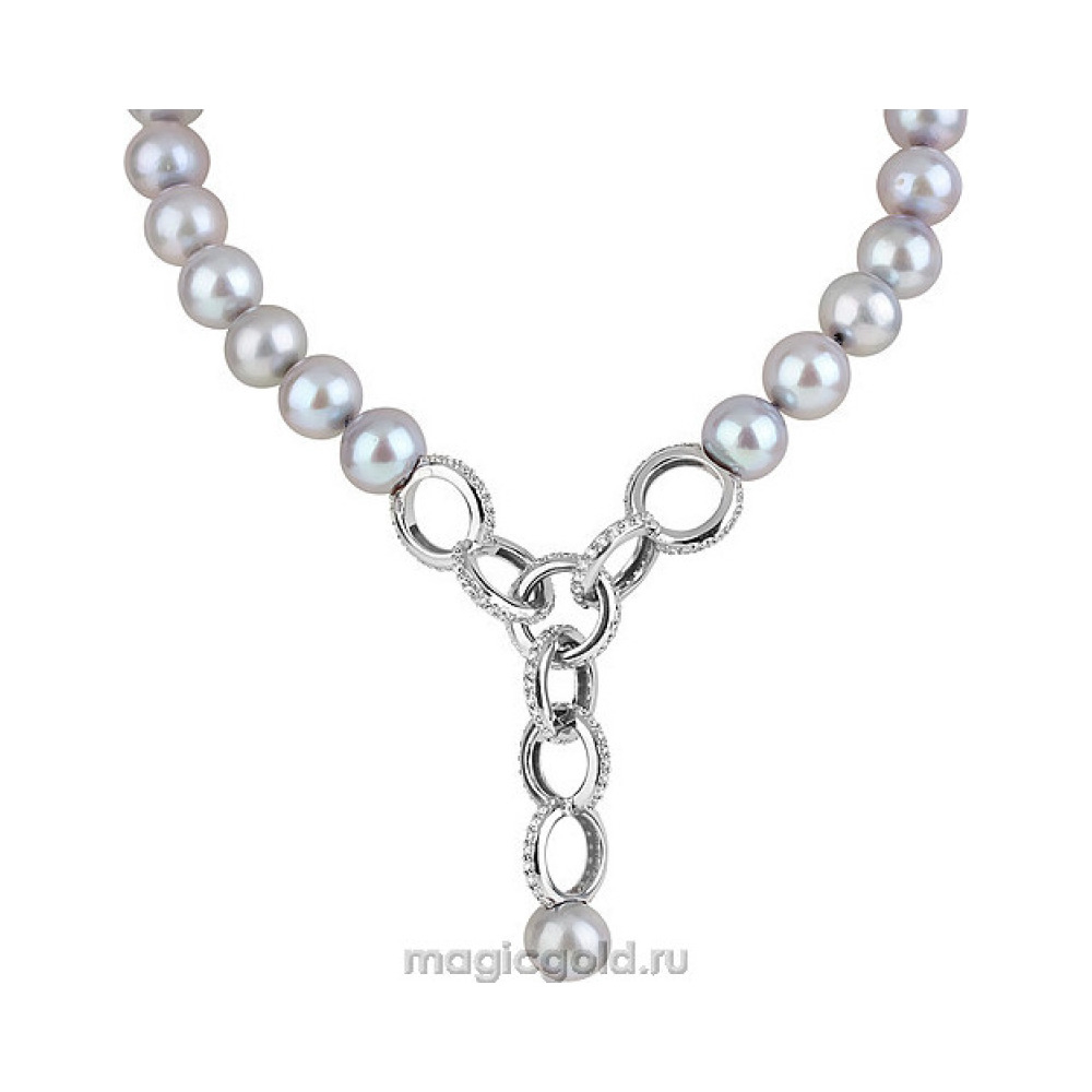 Серебряное колье с жемчугом и фианитом № 138074