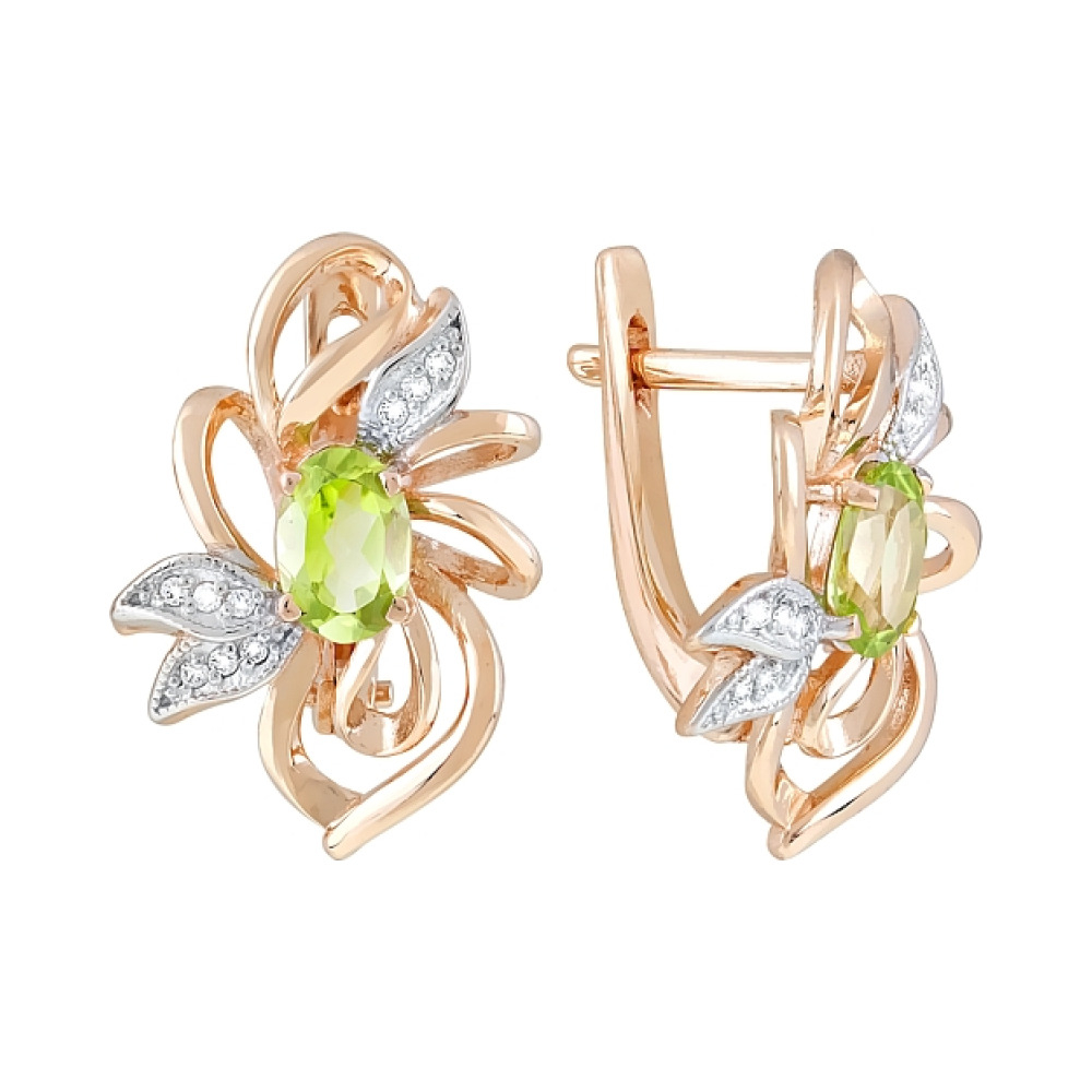 Золотые серьги с хризолитом и фианитом № 120509