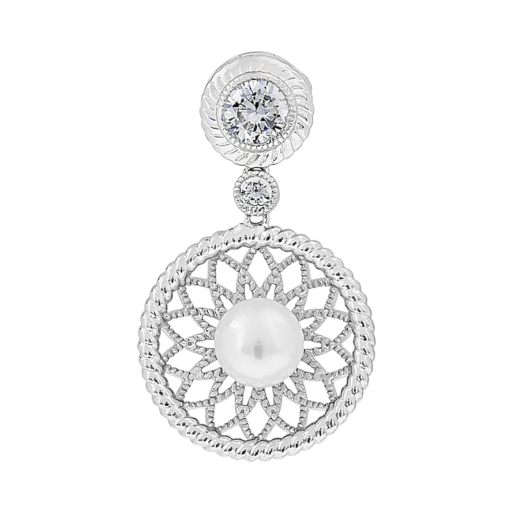Серебряная подвеска с имитац. жемчуга и фианитами № 112720
