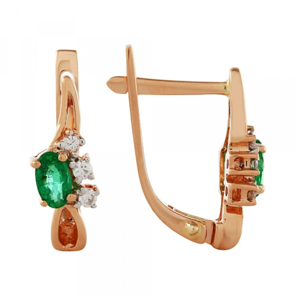 Золотые серьги с бриллиантом и изумрудом № 99132