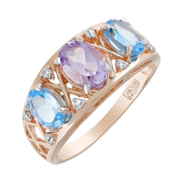 Золотое кольцо с полудрагоценными вставками и фианитом № 120457