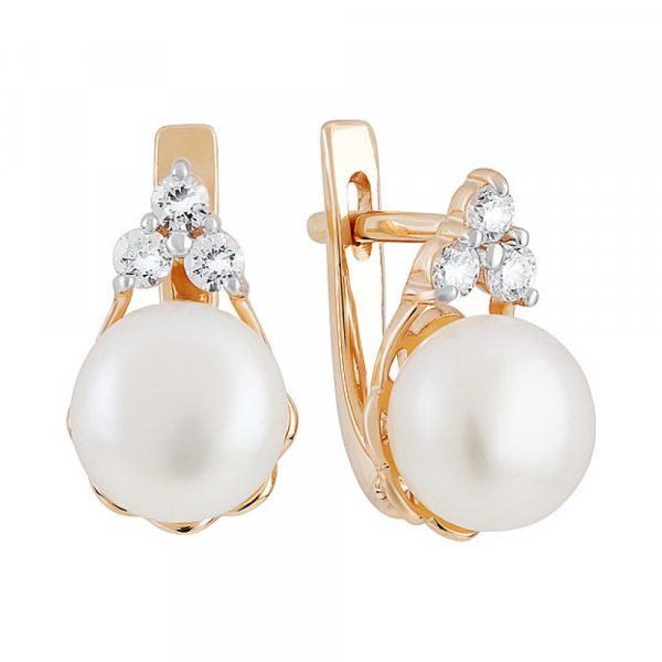 Золотые серьги с жемчугом и фианитом № 129457