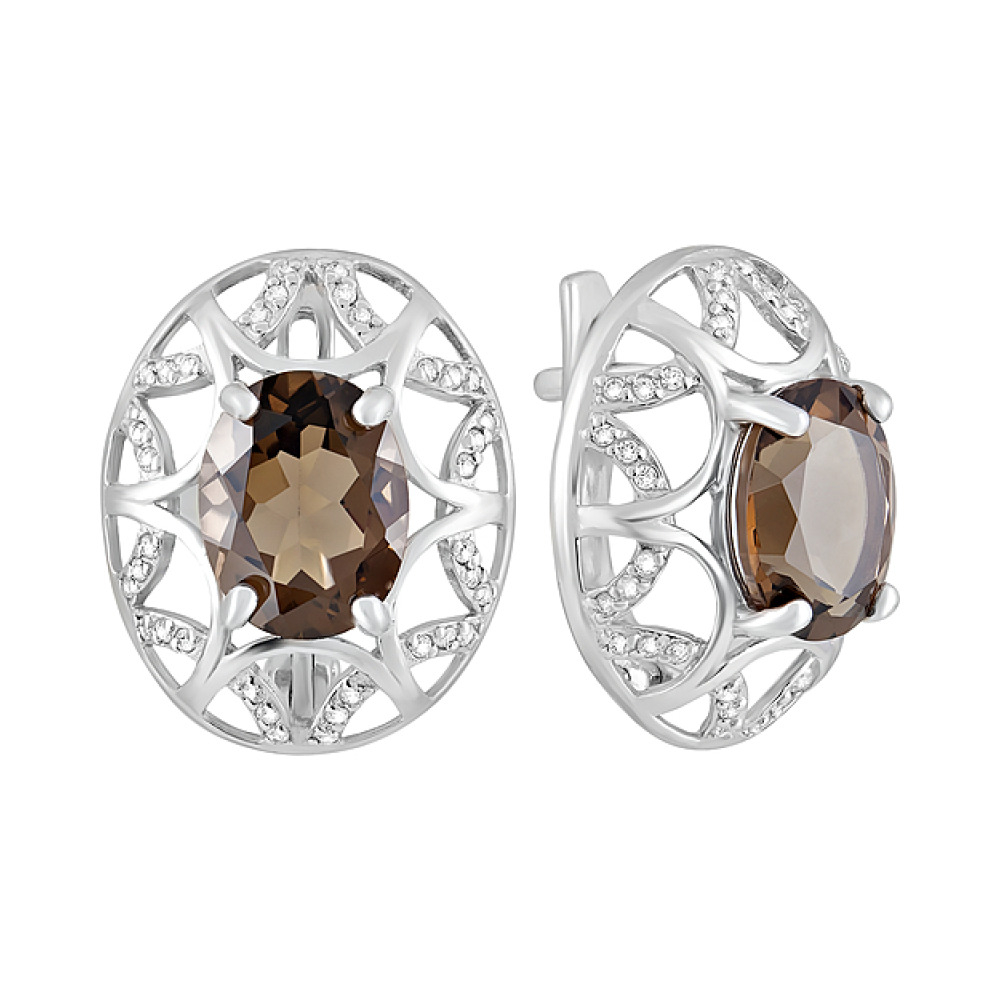 Серебряные серьги с раухтопазом и фианитом № 124666