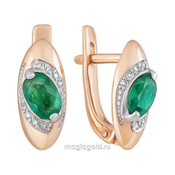 Золотые серьги с бриллиантом и изумрудом № 167162