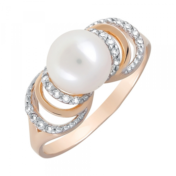 Золотое кольцо с жемчугом и фианитом № 120744